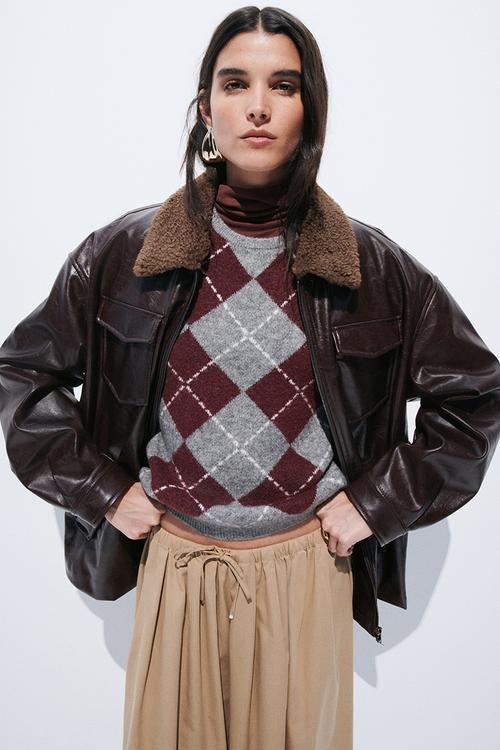 Short-sleeved jacquard-knit jumper - grey marl/argyle-patterned