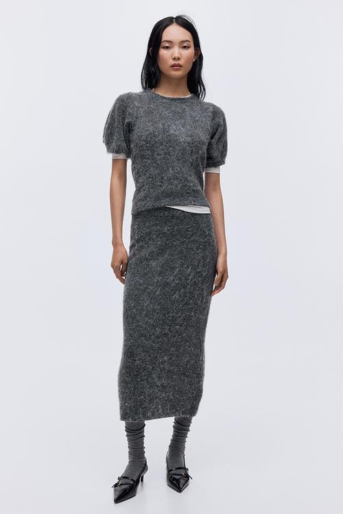Knitted puff-sleeved top - grey marl