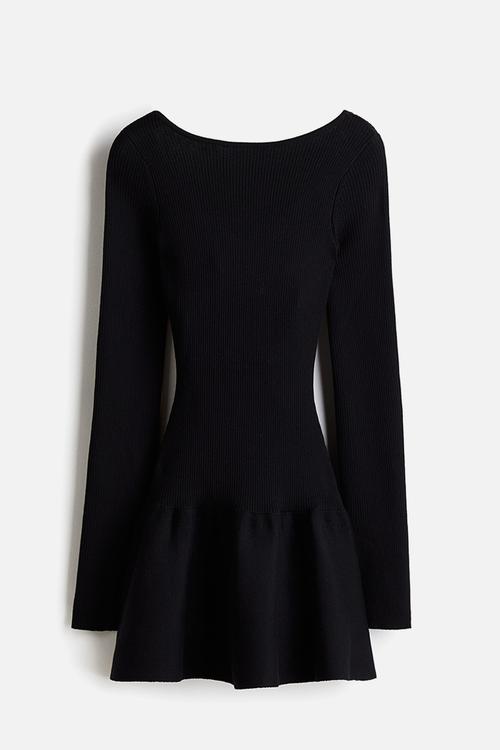 Ribbed flared-skirt dress - black