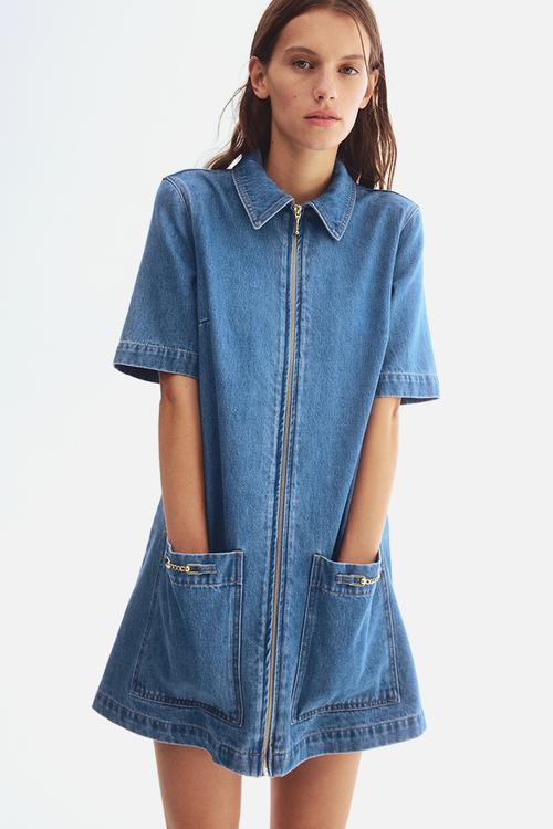 Zip-front denim dress - denim blue
