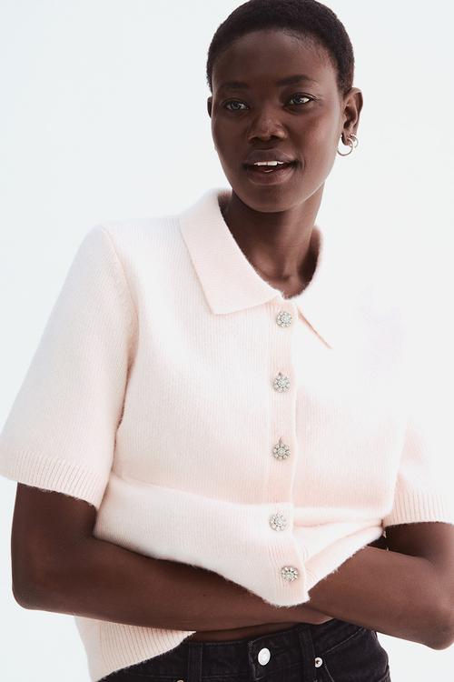 Short-sleeved collared cardigan - pale pink
