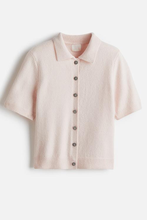 Short-sleeved collared cardigan - pale pink