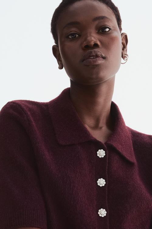 Short-sleeved collared cardigan - burgundy