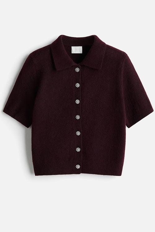 Short-sleeved collared cardigan - burgundy