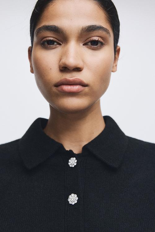 Short-sleeved collared cardigan - black