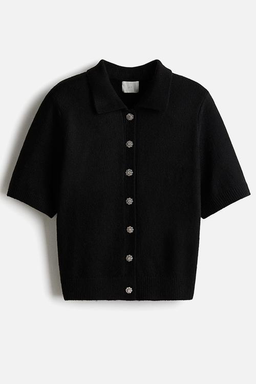 Short-sleeved collared cardigan - black