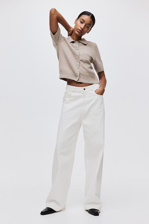 Short-sleeved collared cardigan - beige