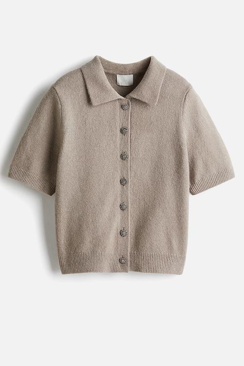Short-sleeved collared cardigan - beige