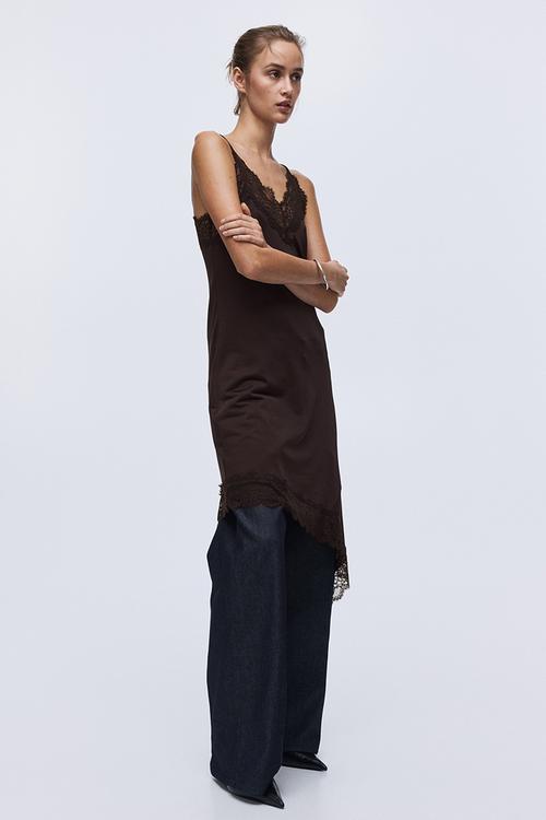 Lace-trimmed strappy dress - dark brown
