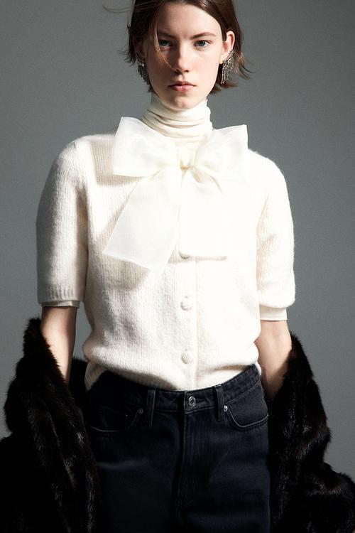 Bow-detail knitted cardigan - cream