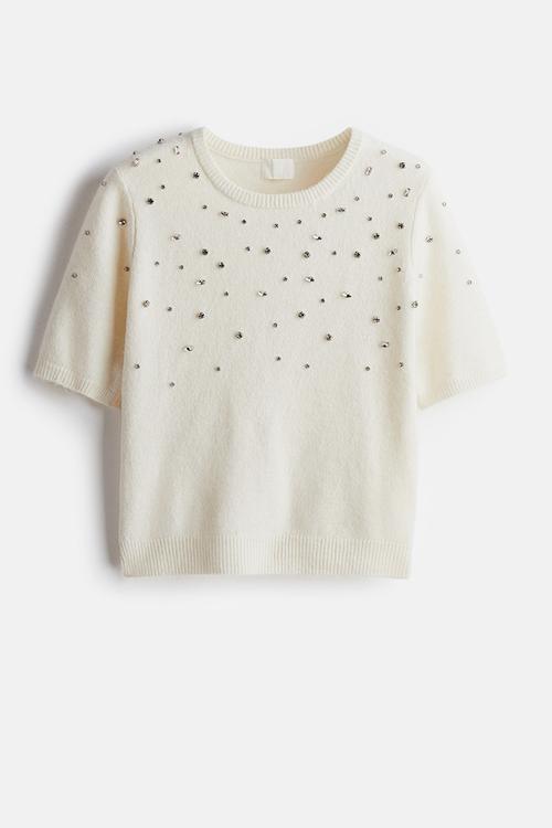 Rhinestone-embellished fine-knit top - white