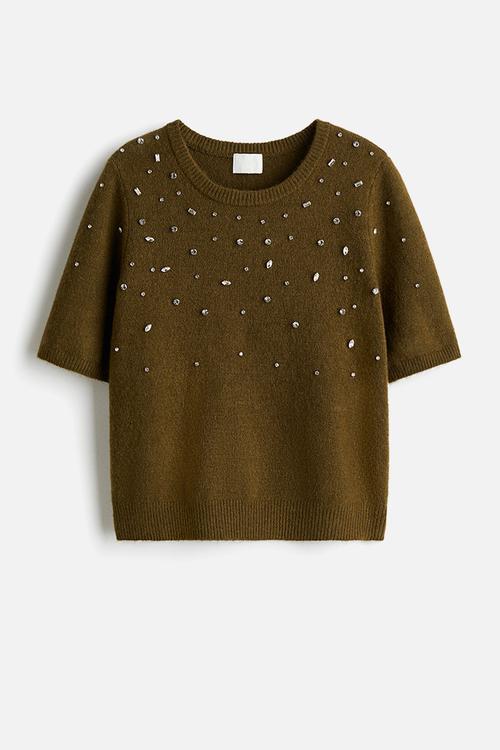 Rhinestone-embellished fine-knit top - dark khaki green