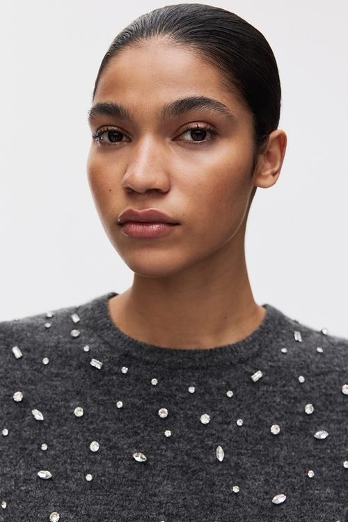 Rhinestone-embellished fine-knit top - dark grey marl