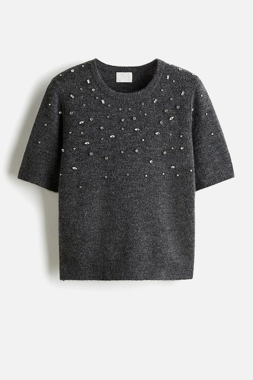 Rhinestone-embellished fine-knit top - dark grey marl