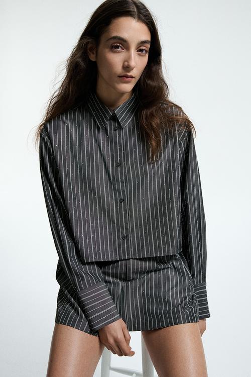 Short embellished shirt - dark grey/striped