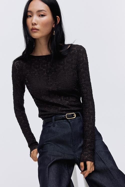 Lace-look jersey top - dark brown