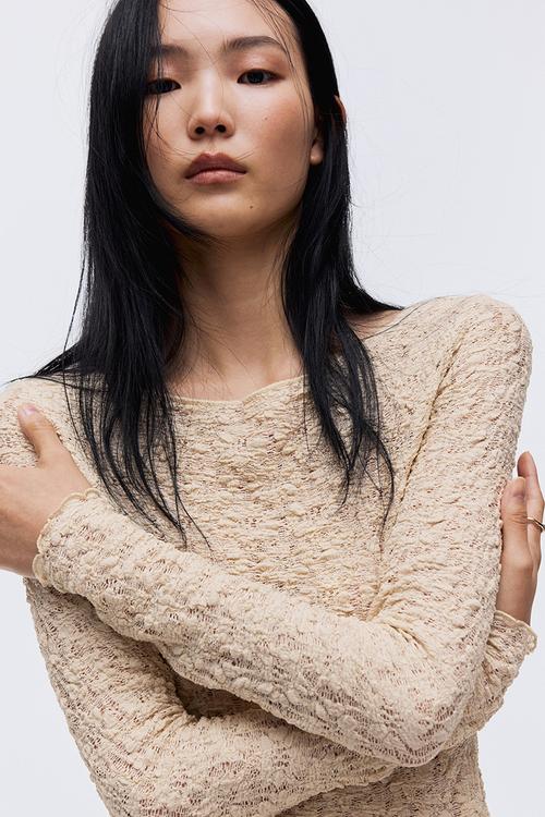 Lace-look jersey top - light beige