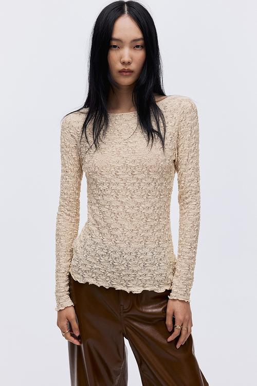 Lace-look jersey top - light beige