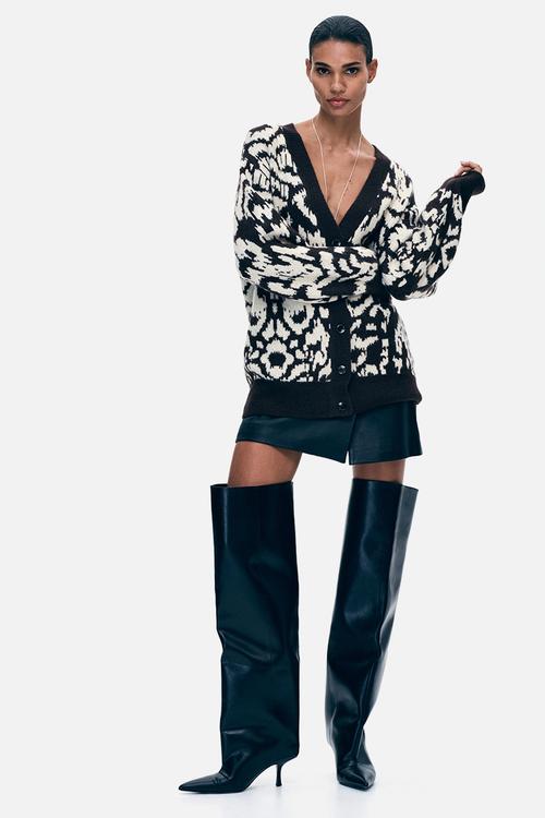 Jacquard-knit cardigan - dark brown/leopard print