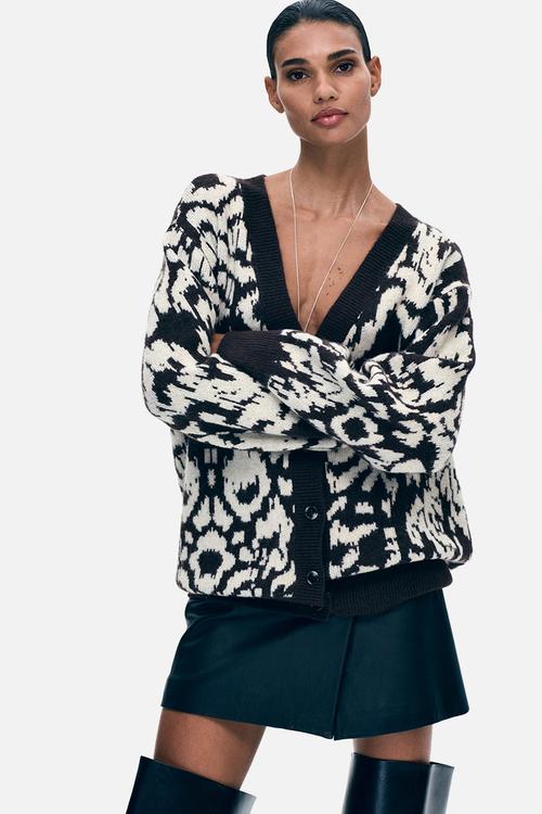 Jacquard-knit cardigan - dark brown/leopard print