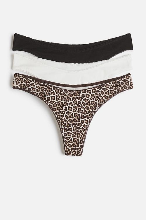 3-Pack cotton thong briefs - dark brown/leopard print