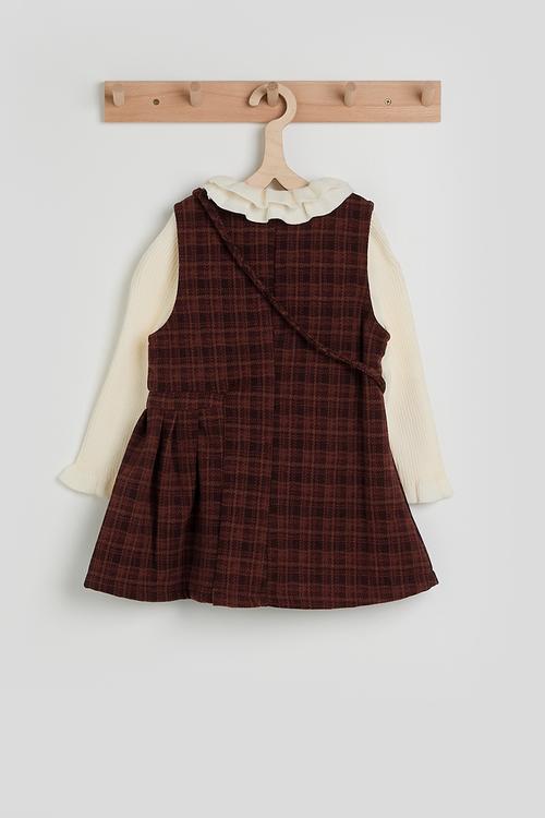 Check tunic dress with ribbed long sleeve top - burgundy/cream