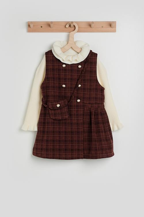 Check tunic dress with ribbed long sleeve top - burgundy/cream