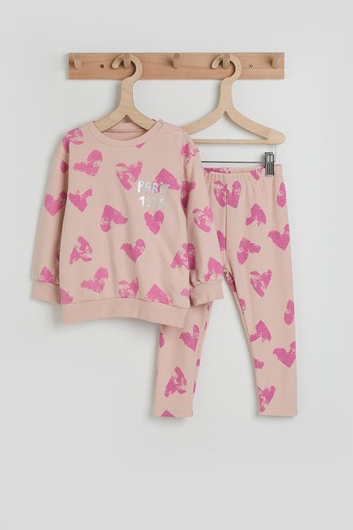 Heart aop sweatshirt with ribbed leggings - pink