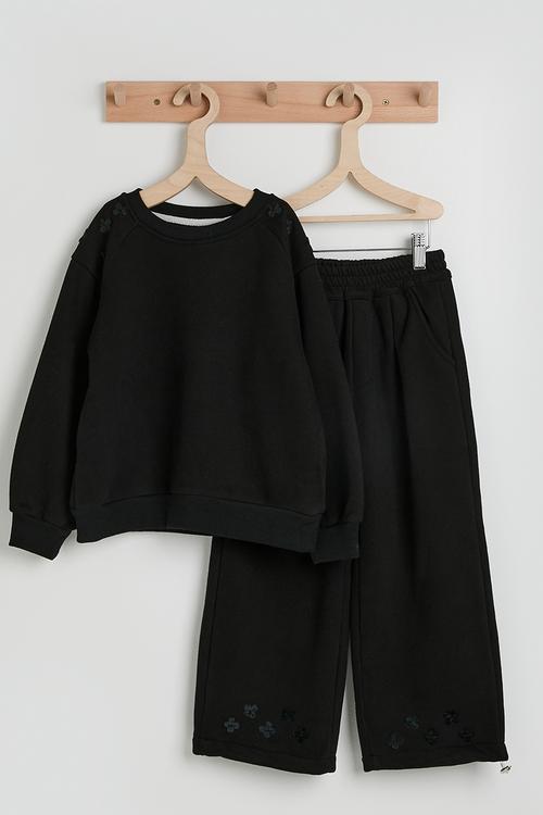 Floral applique detail sweatshirt with drawstring sweatpants - black