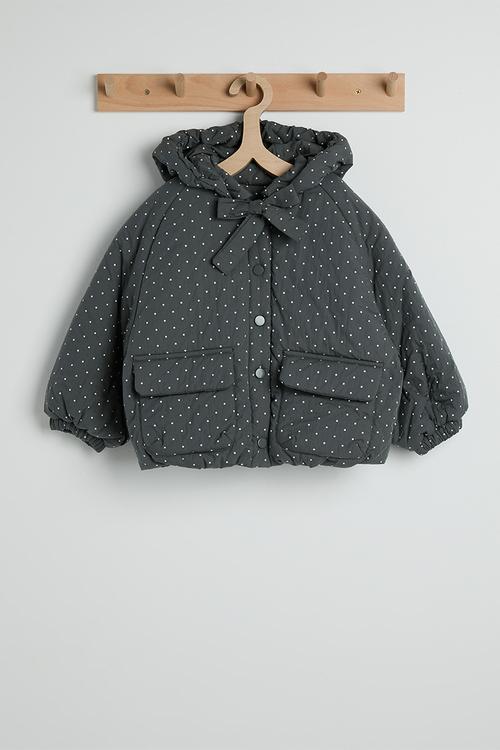 Micro dot neck tie puffer jacket - dark grey/aop