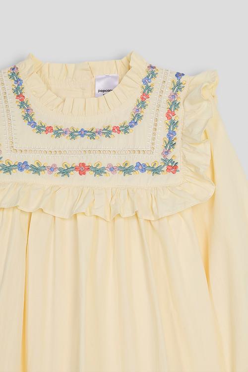Floral embroidered vintage-inspired smock dress - buttercream