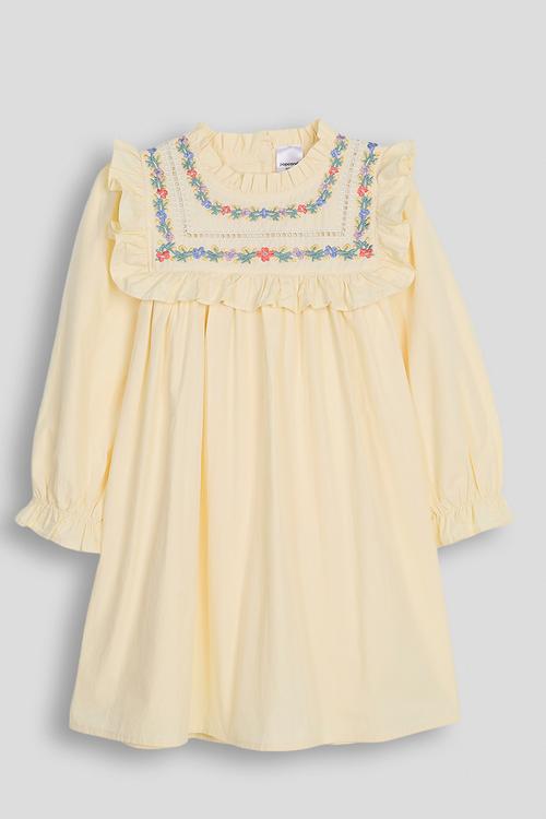 Floral embroidered vintage-inspired smock dress - buttercream