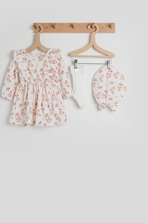 Dress with beret & long socks - floral aop/white