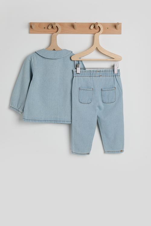 Embroidered strawberry denim blouse & pants - light blue