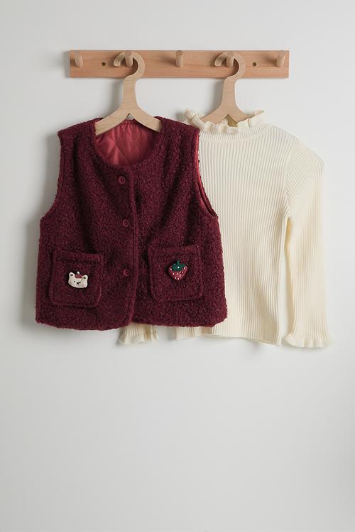4 piece outfit set - cream/burgundy/check
