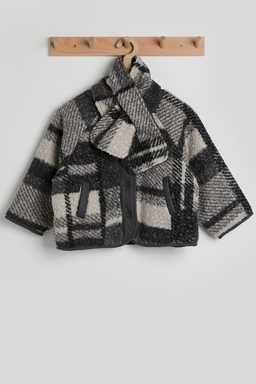 Checked boucle jacket with keyhole scarf - grey multi