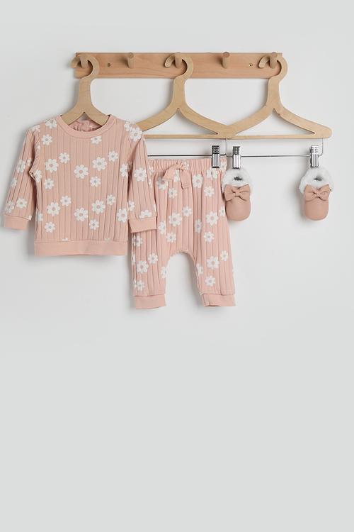 Wide rib pj set with slippers - pink/floral aop