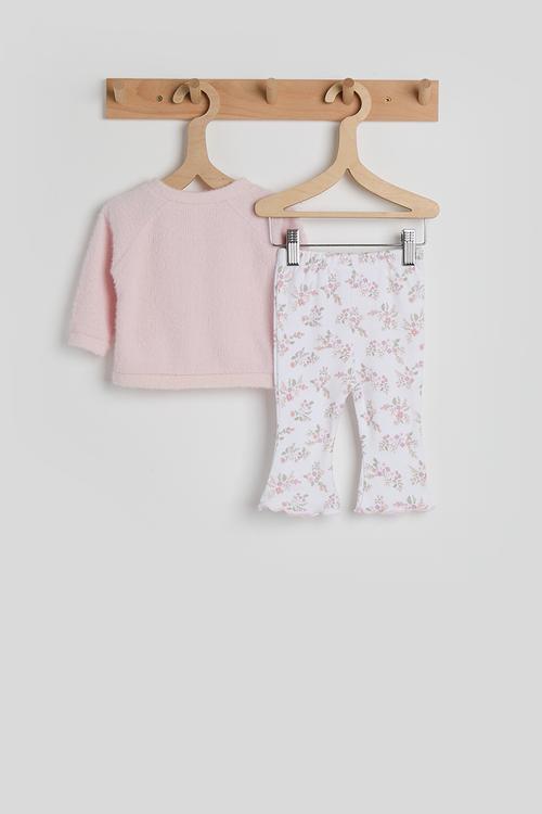 Soft knit cardigan with flared leggings - pink/floral aop