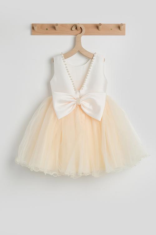 Satin bodice pouf dress with hair band - white/soft peach
