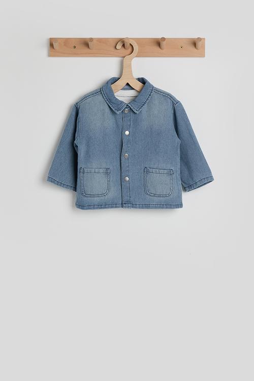 Denim shacket with striped tee - blue
