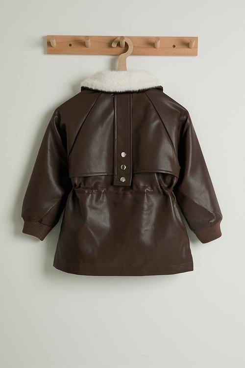 PU trench coat with faux fur collar - dark choc