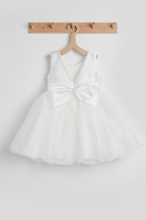 Satin bodice pouf dress with hair band - white