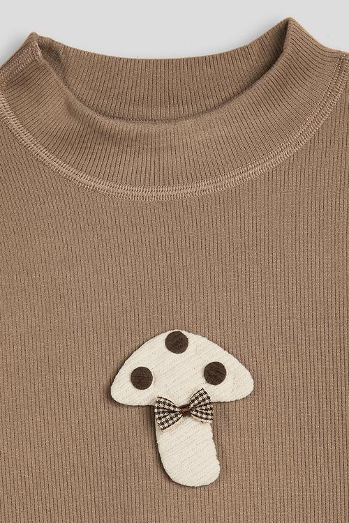 Ribbed high neck top with applique mushroom - teak brown