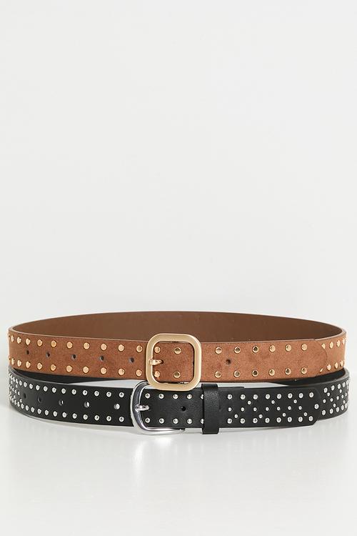 Slim Dad Studded Belt 2Pk - Black/Silver Studs & Tan Micro/Brushed Gold