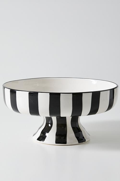 Serving Bowl Short w stand - white & black stripes