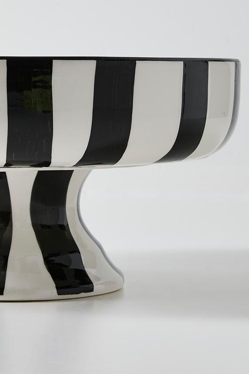 Serving Bowl Short w stand - white & black stripes