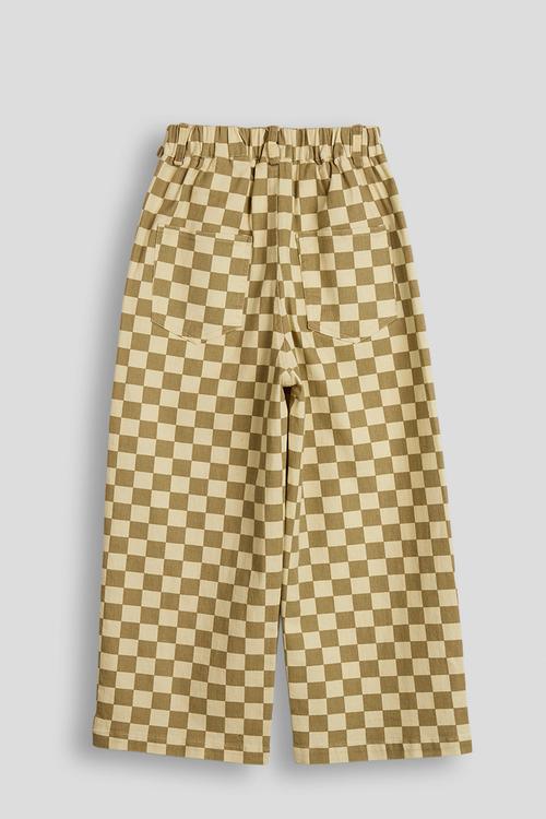 Button tab wide leg jeans - tan checkerboard/beige
