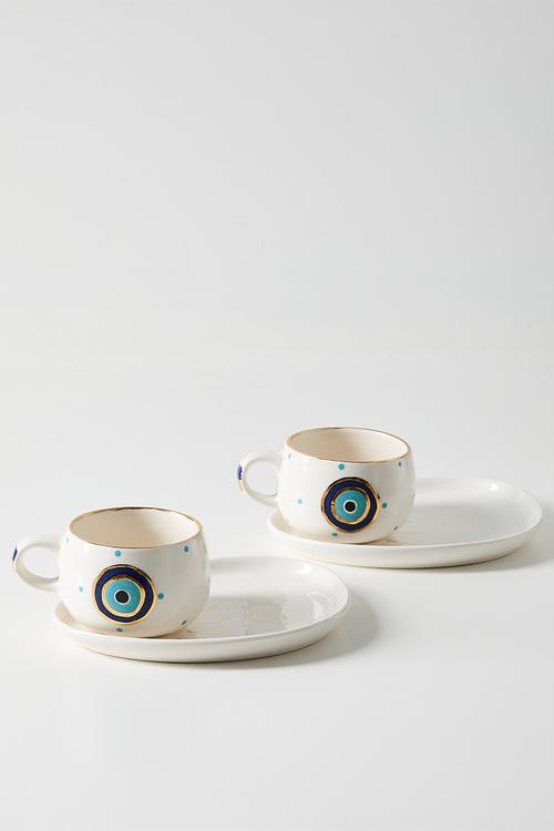 Cup and Saucer Snack Evil Eye Set of 2 - white