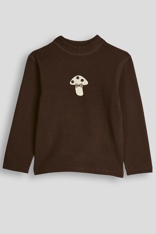Ribbed high neck top with applique mushroom - dark chocolate