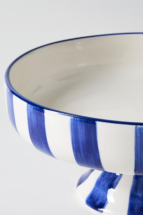 Serving Bowl Short w stand - blue stripes